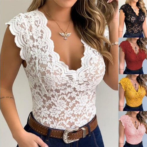 Women's Lace Bodysuit with Deep V-Neck and Ruffle Sleeves Lune London