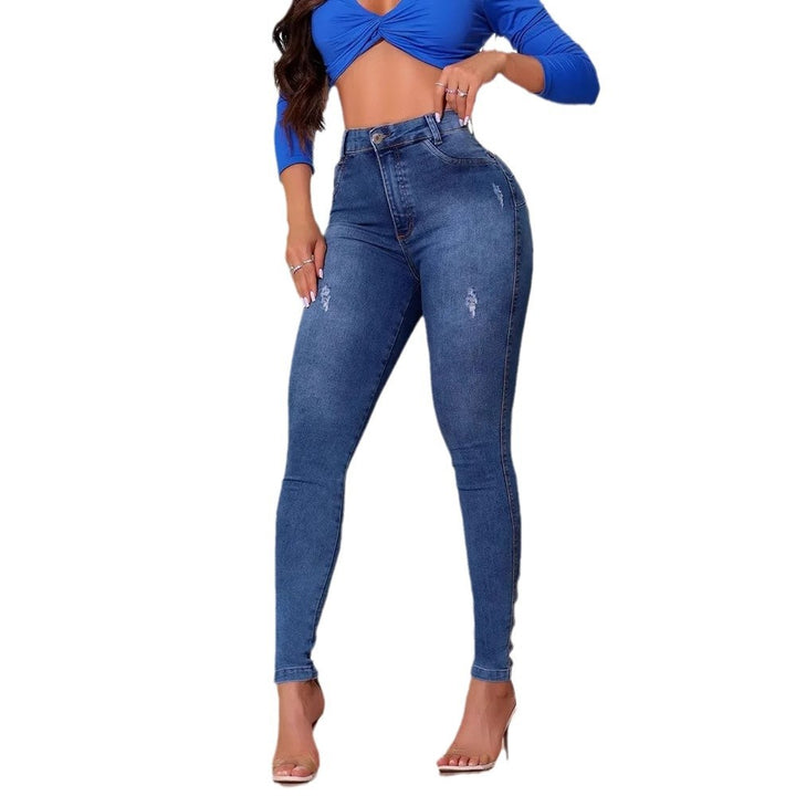 Women High Waisted Slim Fit Jeans with modern Destroyed Details Lune London