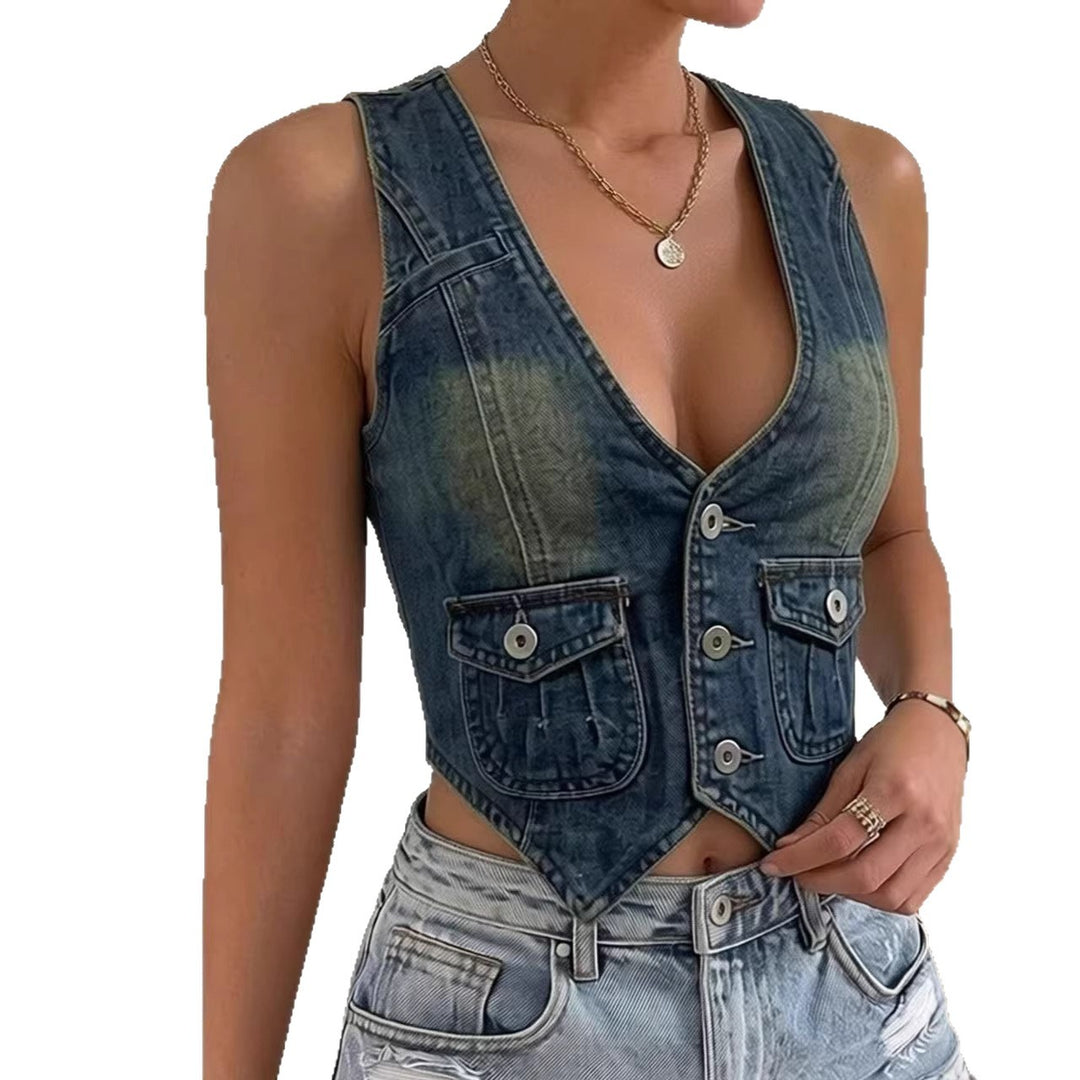 Women's sleeveless denim vest with patch pockets and deep V-neck Lune London