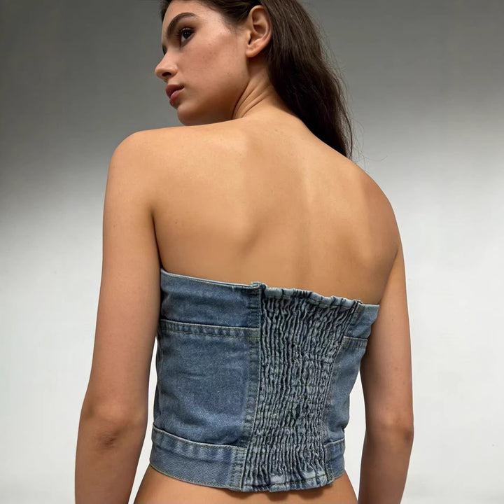 Women's Denim Bustier Top with Button Details and Tailored Fit Lune London