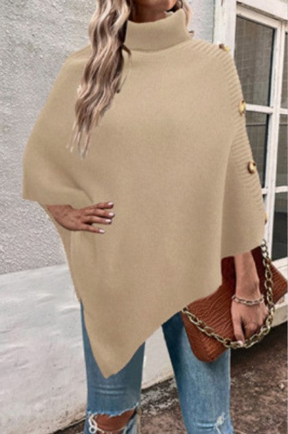 Ladies knitted poncho with high collar and button details Lune London