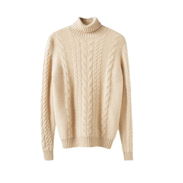 Chunky knit sweater for women with high collar and structured cable pattern Lune London