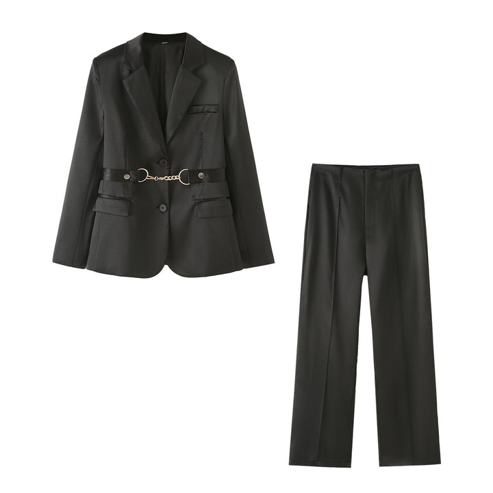 Ladies elegant satin blazer suit with chain accent Lune London