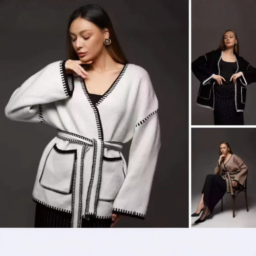 Femmes pull élégant enroulé avec poches et ceinture Chic & Stil