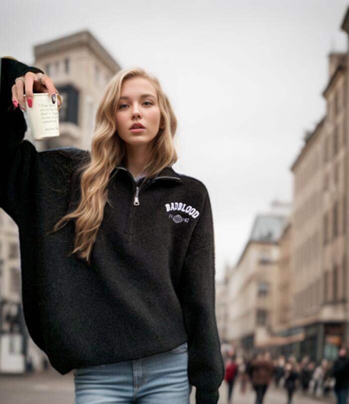 Ladies Soft High Neck Sweater with Zipper and Modern Details Lune London