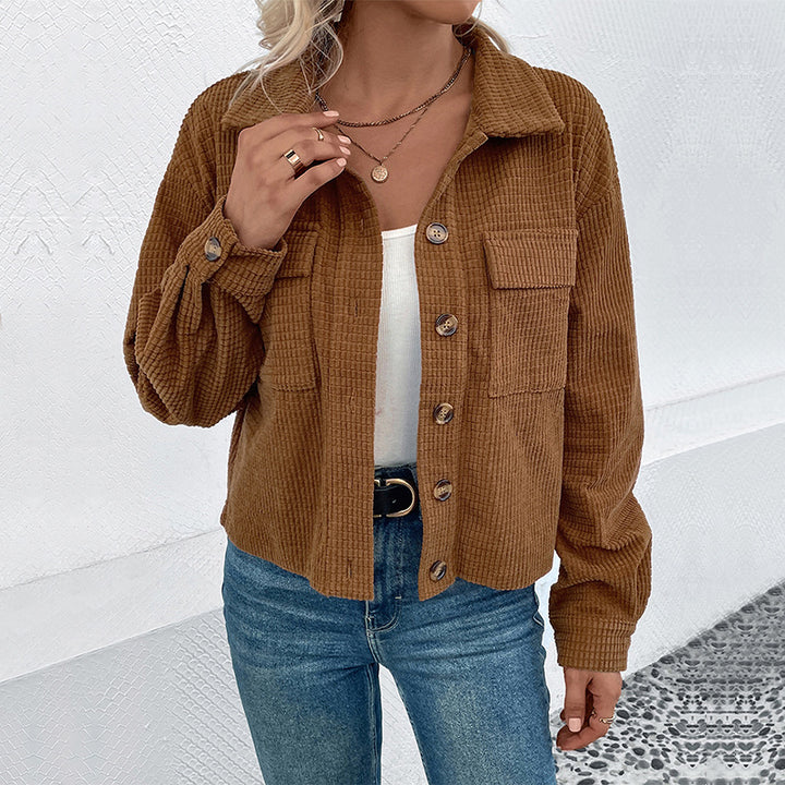 Ladies Khaki Corduroy Jacket with Pockets and Button Closure Lune London