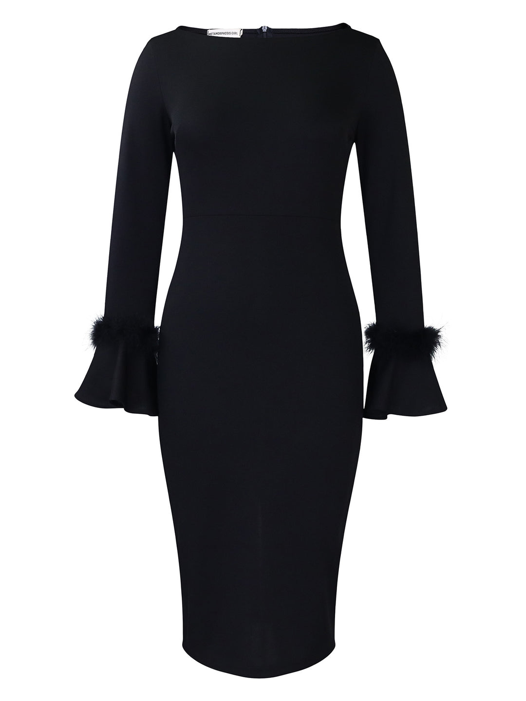 Sheath dress for women with trendy flutter sleeves and faux fur details Lune London