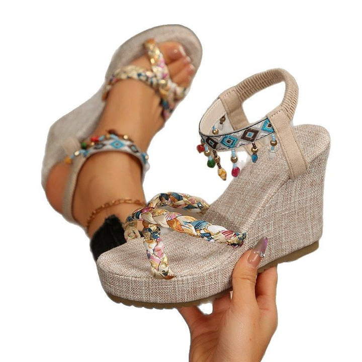 Wedge heel sandals for women with a colorful geometric pattern and elegant straps Lune London