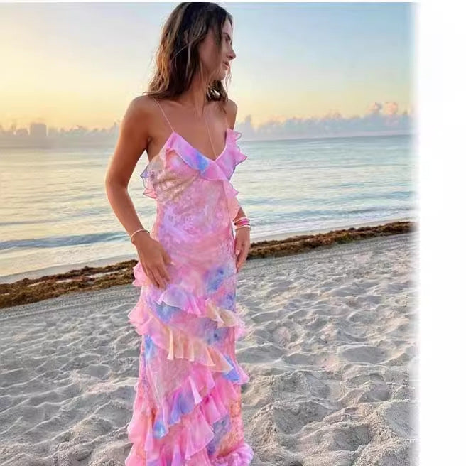 Ladies Long Maxi Dress with Playful Ruffle Details and Floral Pattern