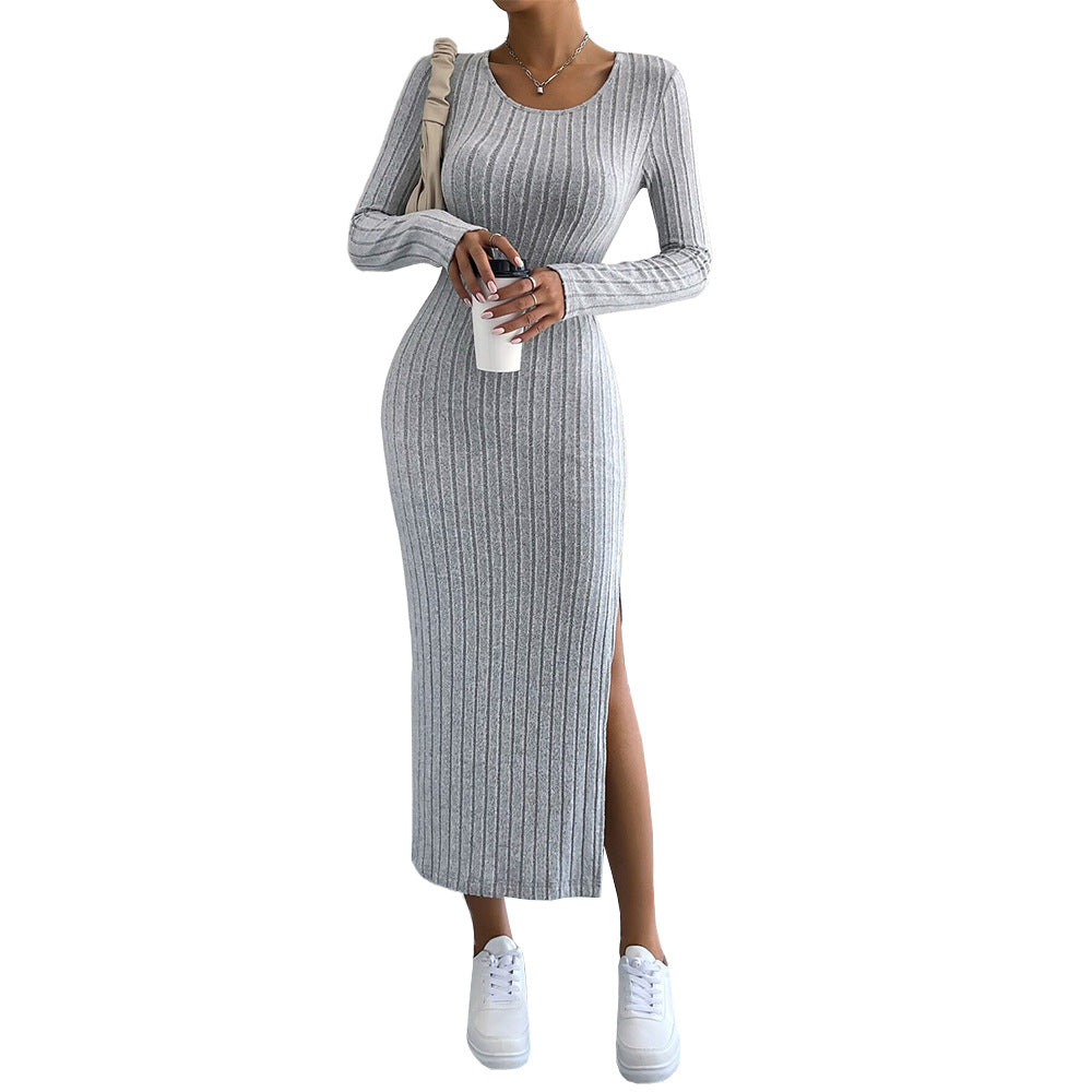 Robe maxi en maille pour femme avec manches longues et fente latérale Chic & Stil