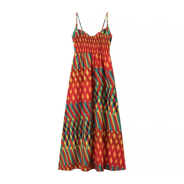 Maxi dress for ladies with eye-catching geometric pattern and adjustable spaghetti straps Lune London