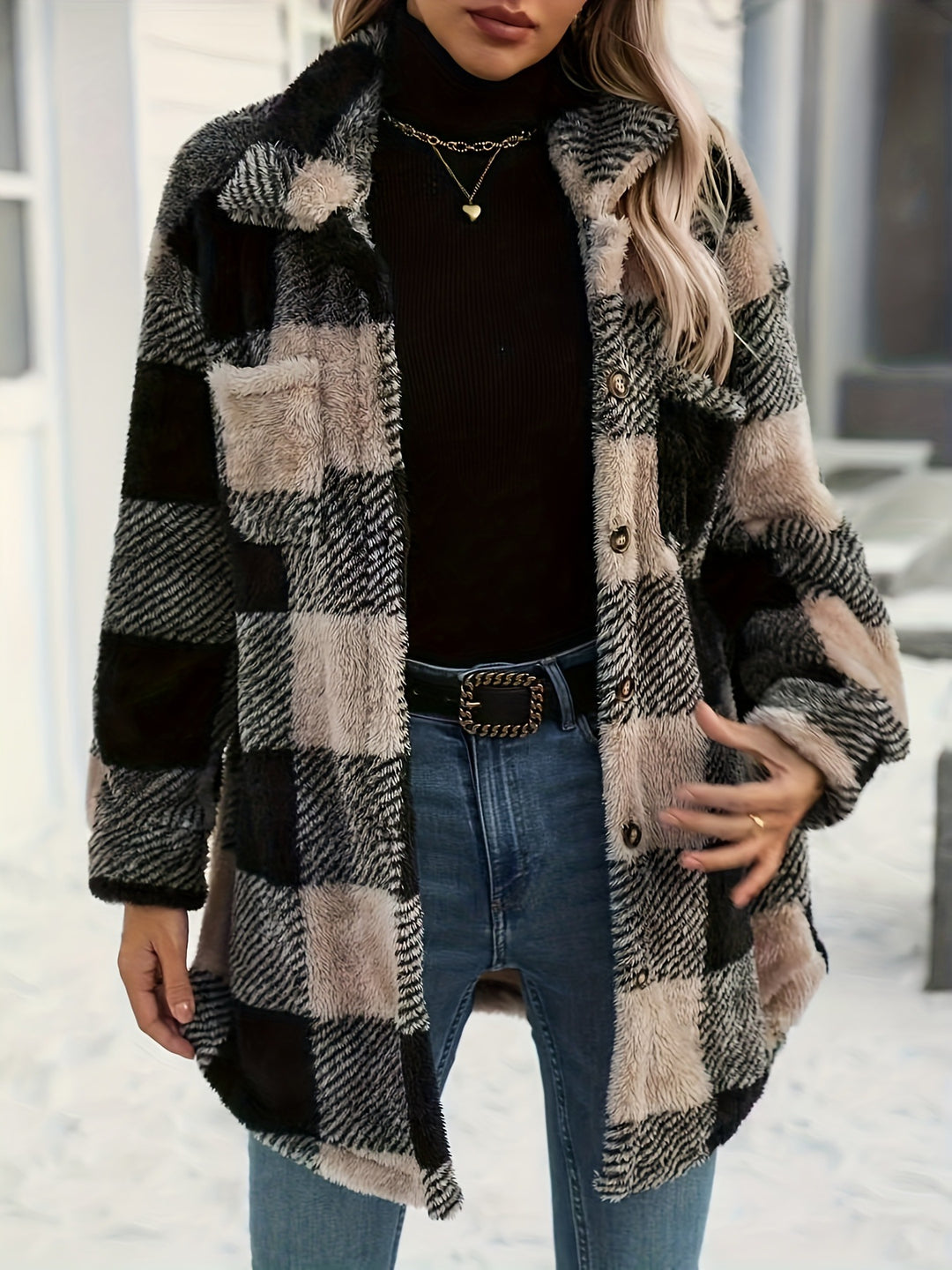 Soft overshirt jacket for women with plaid pattern and soft polyester faux fur Lune London