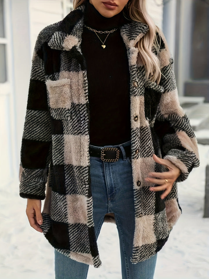 Soft overshirt jacket for women with plaid pattern and soft polyester faux fur Lune London