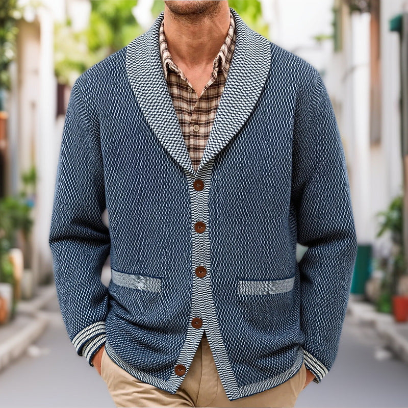 Men's knitted jacket with elegant button details and a wide shawl collar Lune London