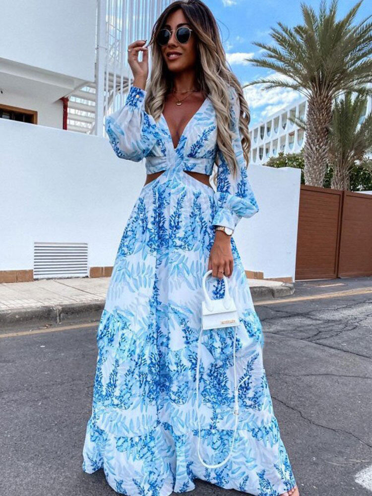 Maxi dress for women with an elegant V-neckline and a playful ruffled hem Lune London