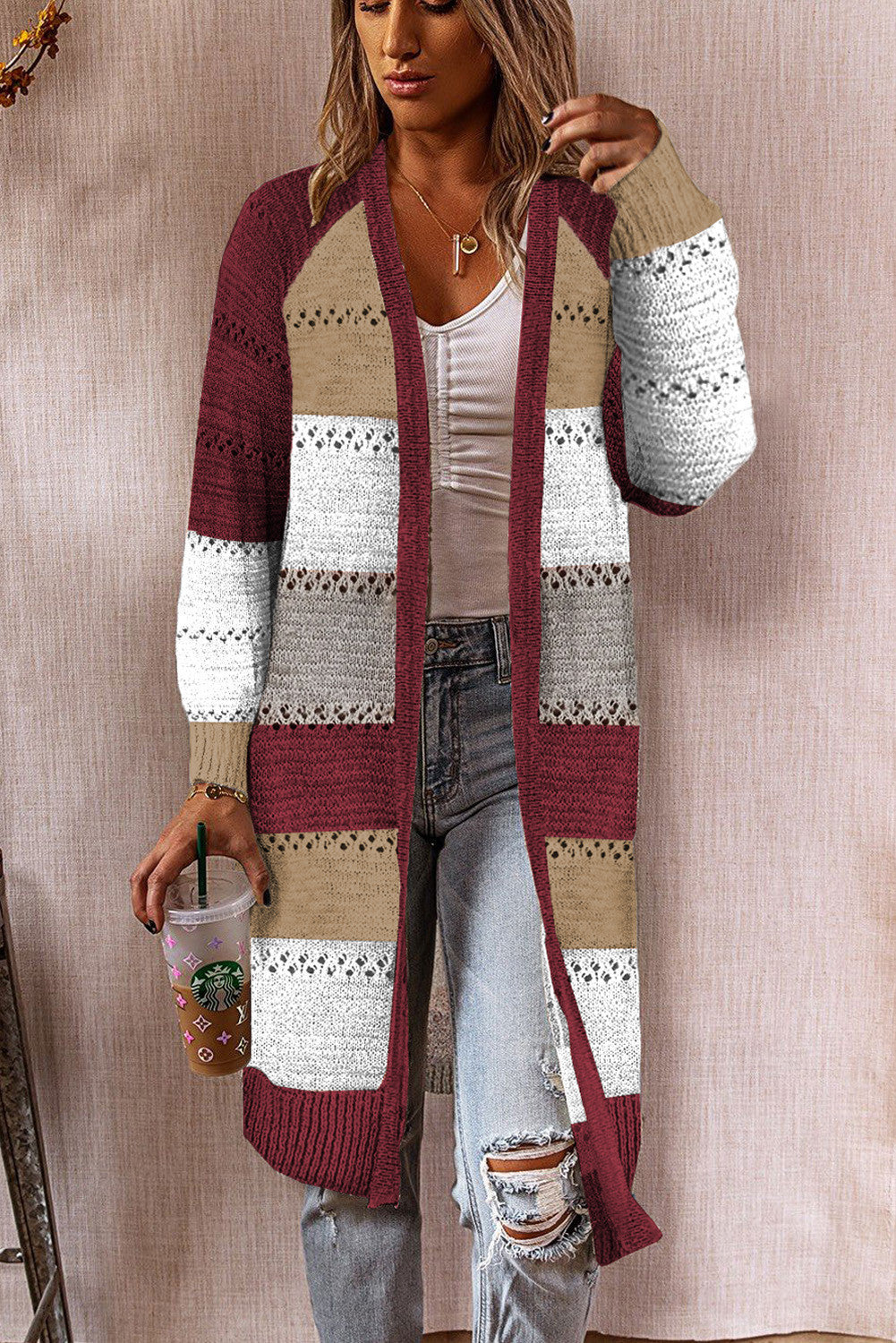Women's knit jacket with a trendy color block design and airy crochet details Lune London