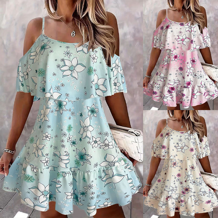 Ladies Floral Off-Shoulder Ruffle Mini Dress Lune London