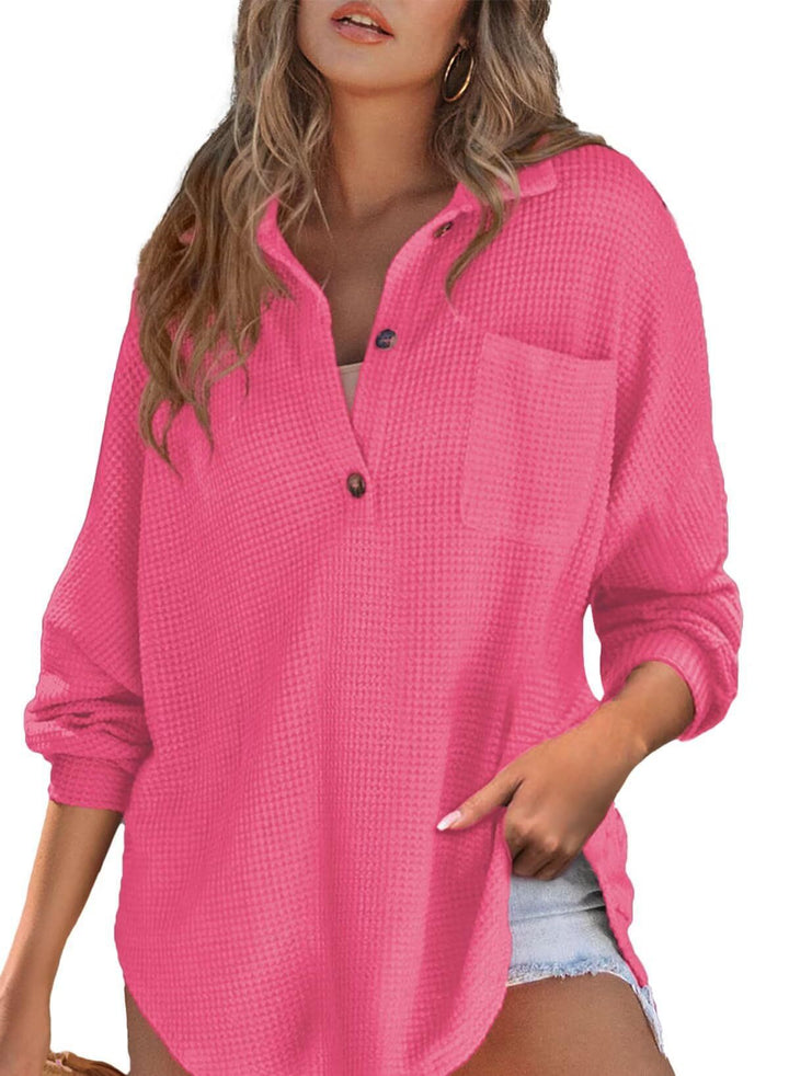 Women's casual ribbed knit top with button placket Lune London