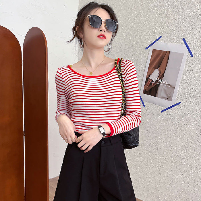 Women's long-sleeve shirt with maritime striped pattern and wide round neckline Chic & Stil