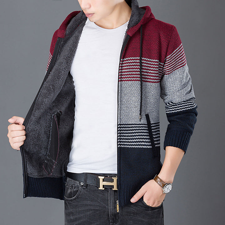 Men's knitted jacket with hood and modern stripes