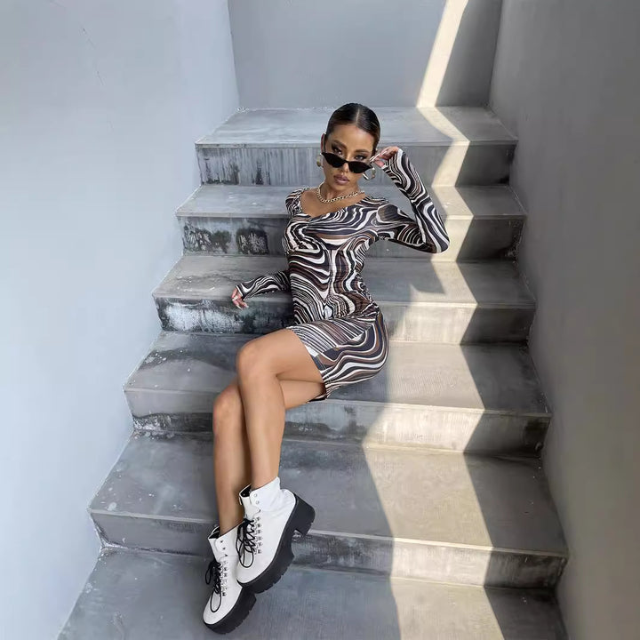 Ladies Long Sleeve Abstract Print Mini Dress Lune London