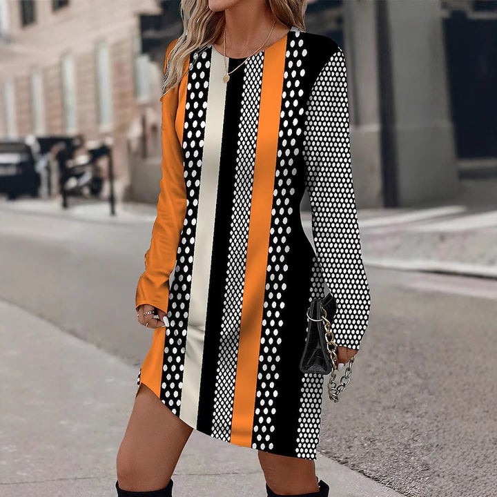 Long sleeves long dress for women with graphic striped pattern and chic dot design Style