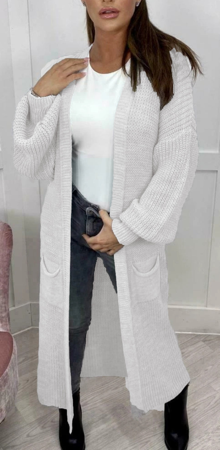 Ladies Long knitted cardigan with a textured knit look and practical pockets Lune London