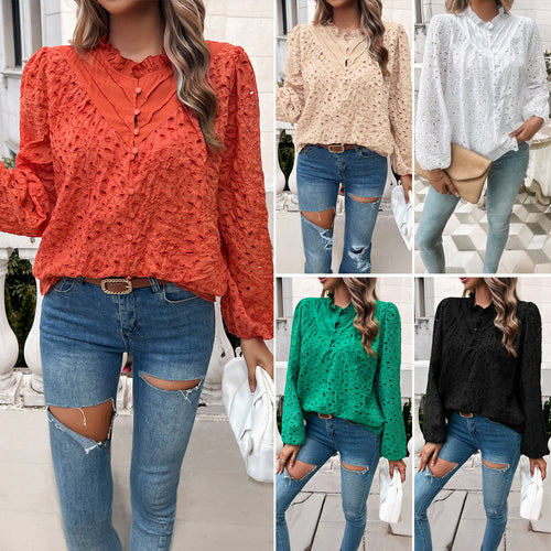 Trendy women's blouse with floral lace embroidery and ruffle details Lune London