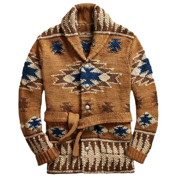 Knit jacket for women with an impressive geometric pattern and an integrated belt Lune London