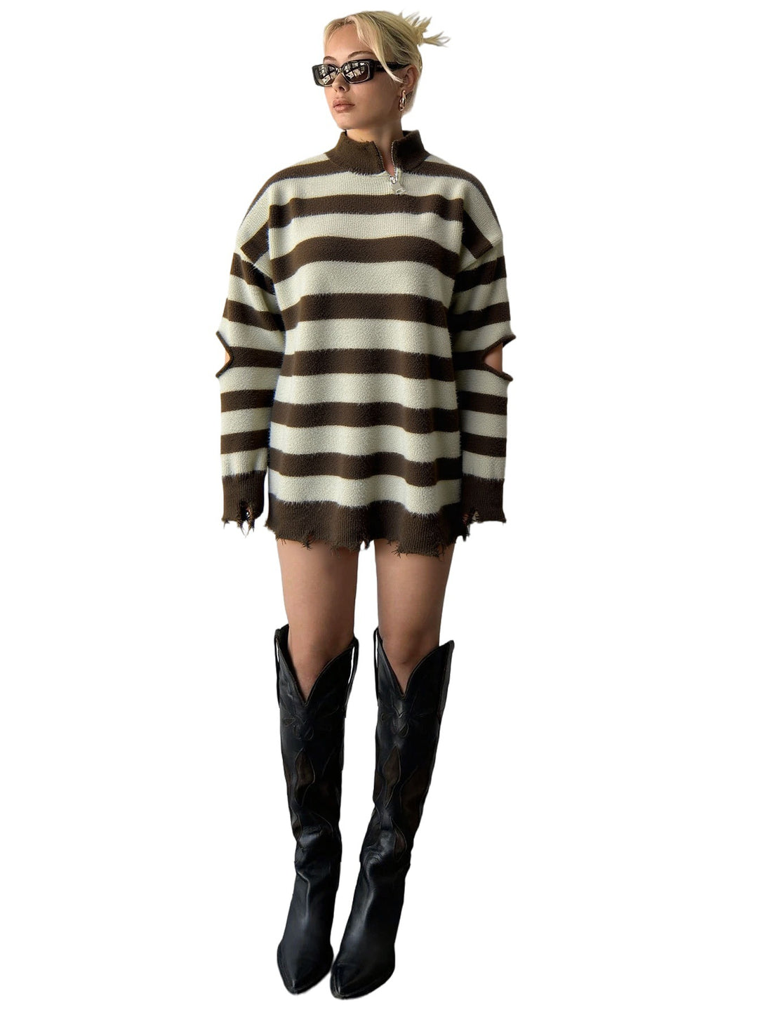 Pull en tricot surdimensionné pour femmes avec fermeture éclair et découpes latérales Chic & Stil