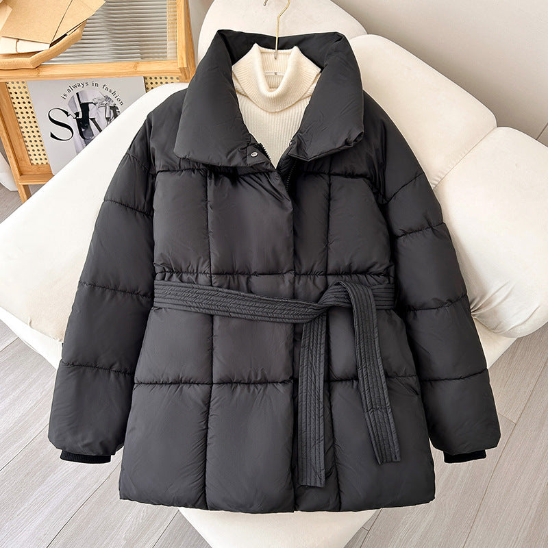 Ladies trendy quilted jacket with belt and high collar Lune London