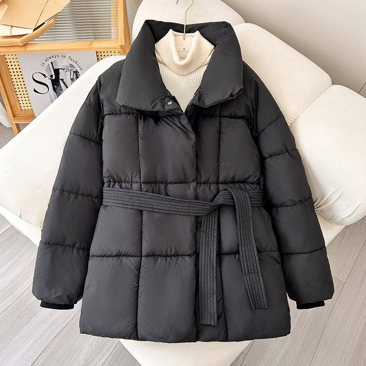 Ladies trendy quilted jacket with belt and high collar Lune London