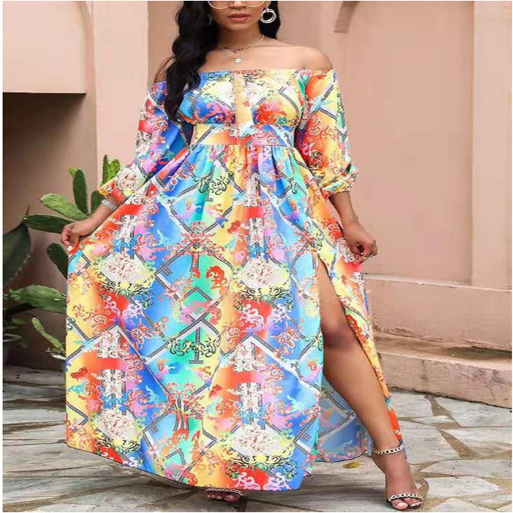 Off-shoulder maxi dress for women with elegant print Lune London