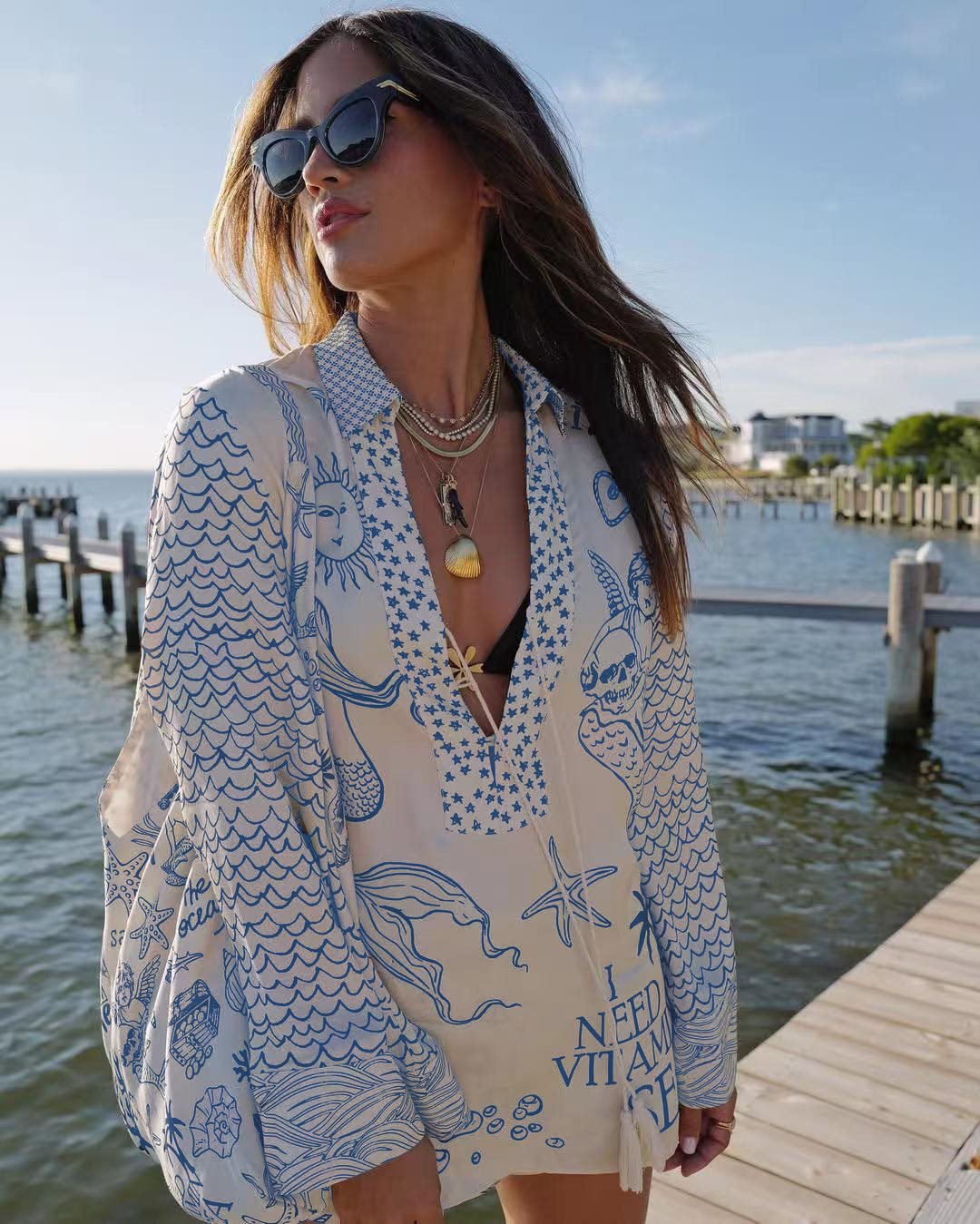 Casual beach blouse for women with an artistic nautical print and an elegant V neckline Lune London