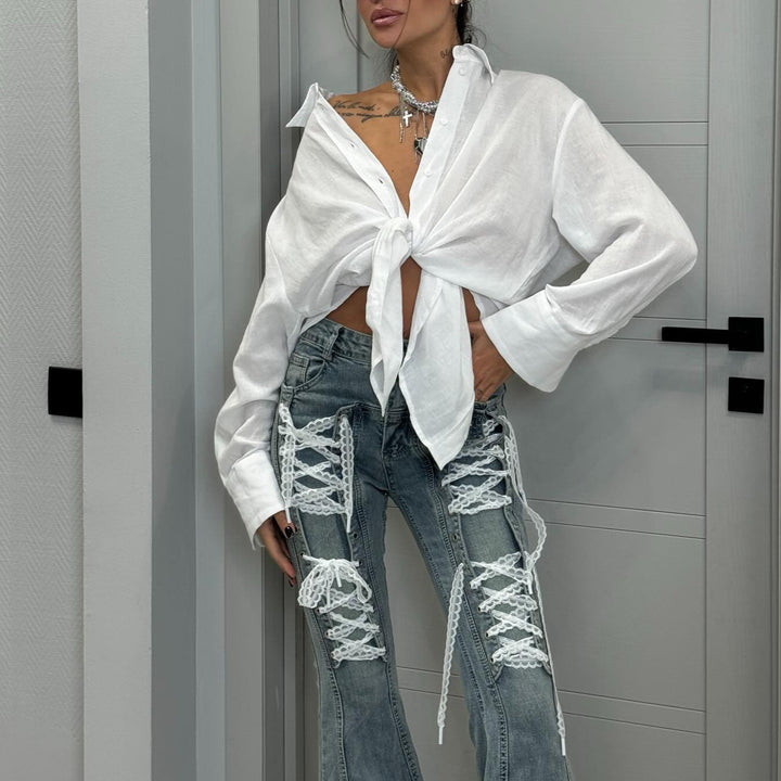 Flared jeans for women with refined lace design Lune London