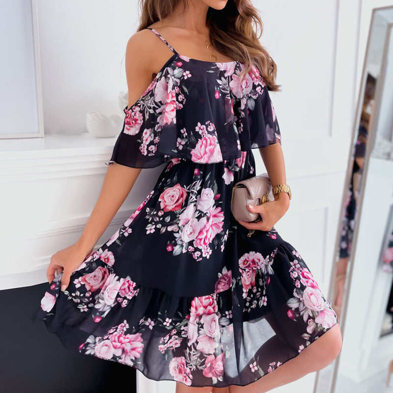 Chic Cold-Shoulder Mini Flowers Dress