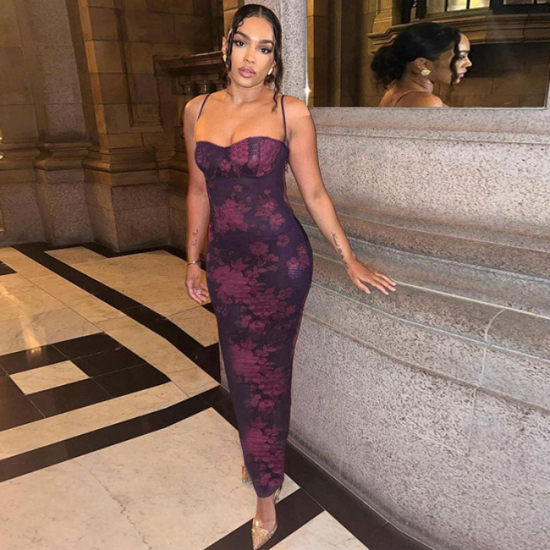 Chic Floral Printed Bodycon Maxi Dress Women