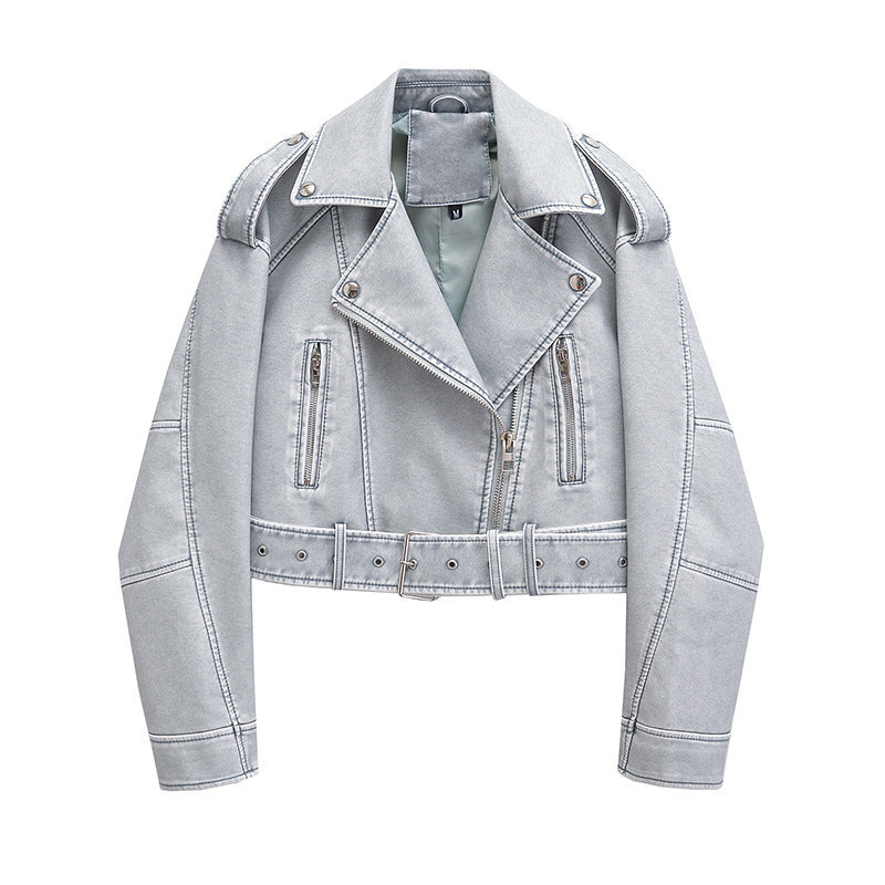 Faux leather biker jacket for women with belt Lune London