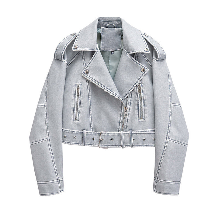 Faux leather biker jacket for women with belt Lune London