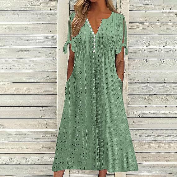 Airy midi dress for women with decorative hole patterns and practical pockets Lune London