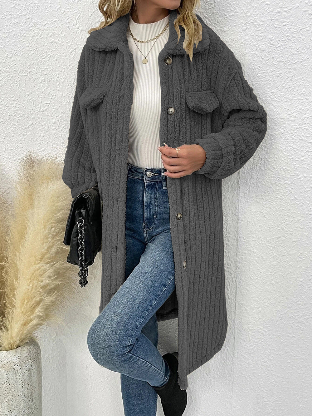 Women fleece sweater - jacket with vertical rib structure and practical pockets Lune London