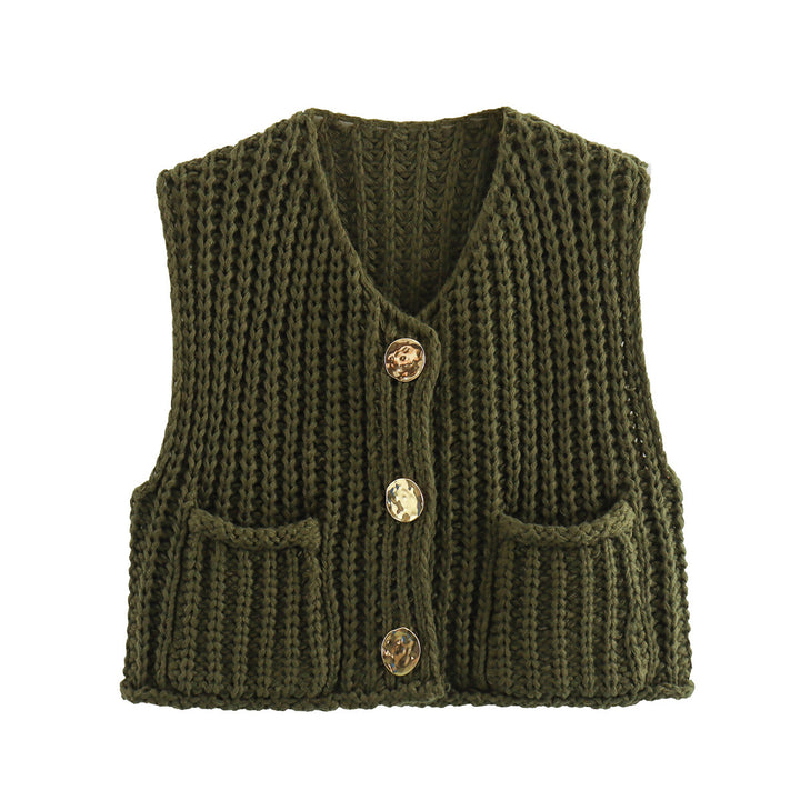 Knitted vest for women with decorative buttons and practical pockets Lune London
