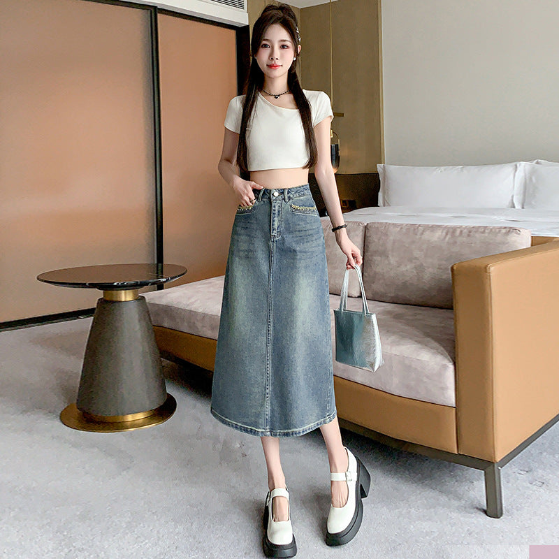 Jupe midi en denim pour femmes avec ourlet évasé Chic & Stil