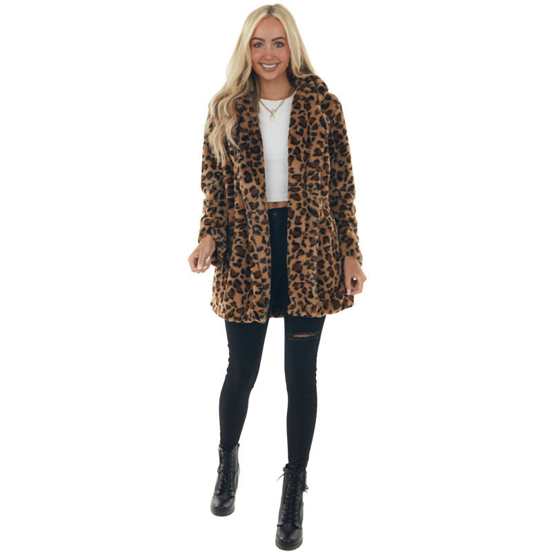 Women Leopard Fleece Jacket Comfortable Open Collar Lune London