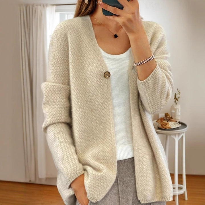 Women's knitted jacket with a fine textured pattern and a button detail Lune London