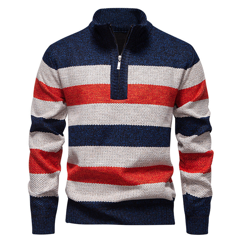 Trendy knitted sweater for men with high collar and contrasting stripes Lune London