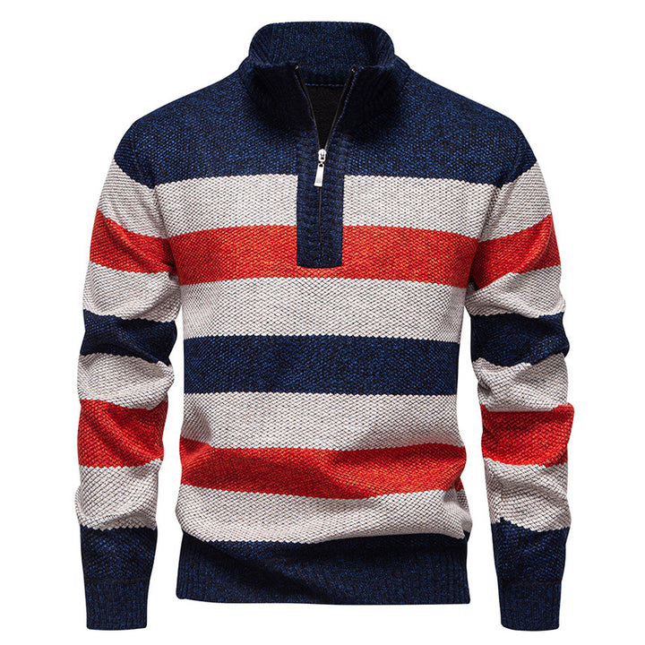 Trendy knitted sweater for men with high collar and contrasting stripes Lune London