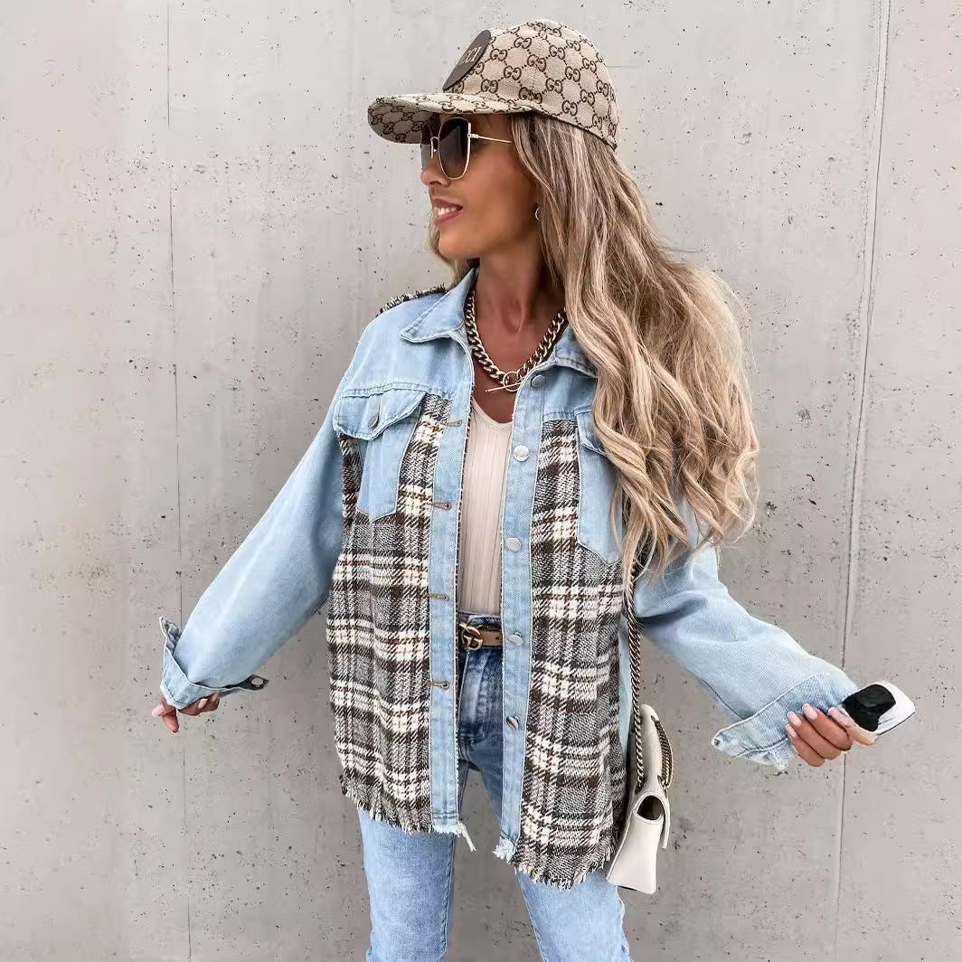 Veste en plaid à carreaux pour femmes avec coupe décontractée et tissus contrastants Chic & Stil