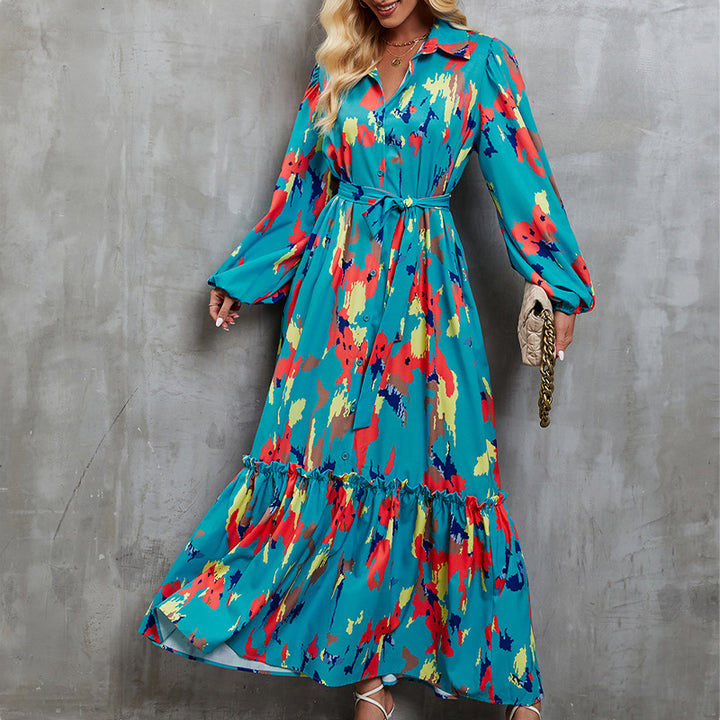 Ladies elegant maxi dress with high neck collar and colorful pattern Lune London