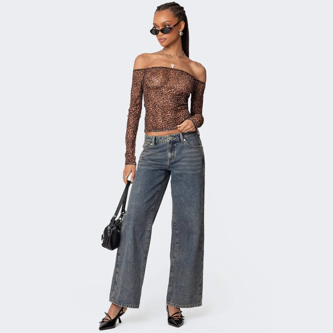 Women's Off-Shoulder Long Sleeve Shirt with Leopard Print Lune London